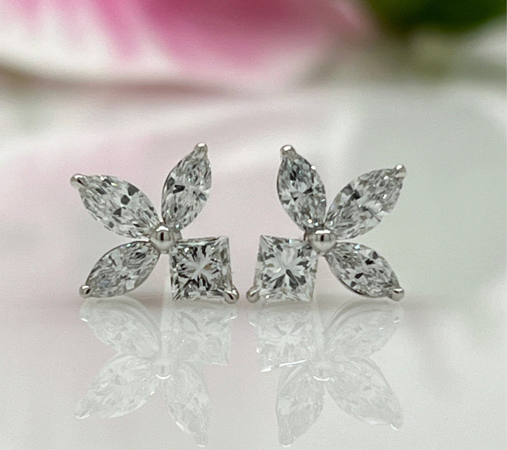 AGI Design Ready to Ship  Princess Cut And Marquise Lab Created Diamonds Stud Earrings in 14K White Gold