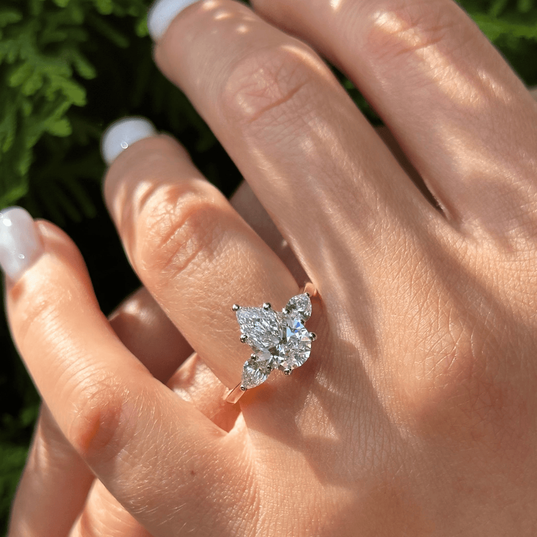 AGI Design Ready to Ship  Ready to Ship: 2.01ct. VS1/E Pear Shaped Lab Diamond Three Stones Engagement Ring