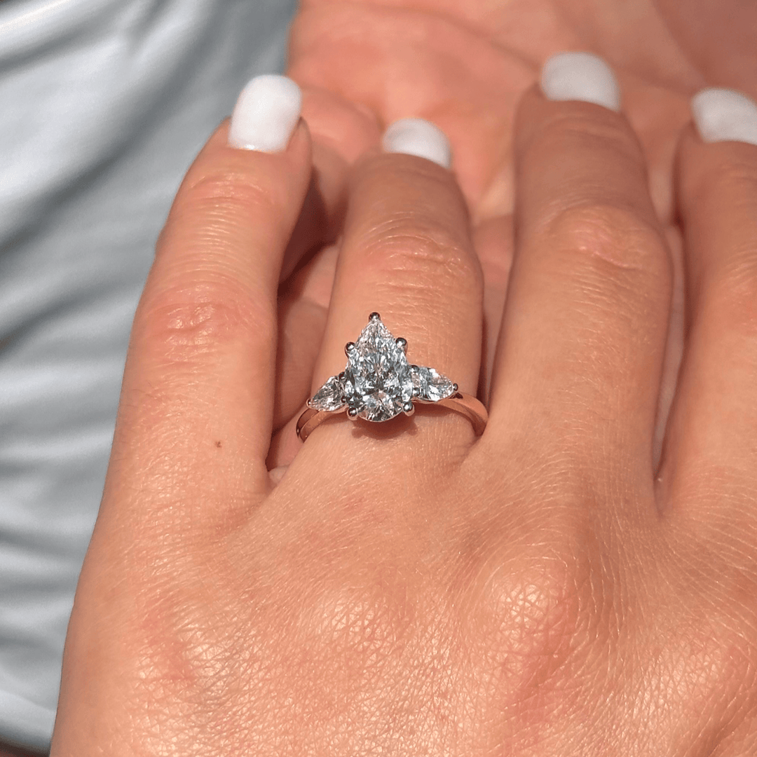 AGI Design Ready to Ship  Ready to Ship: 2.01ct. VS1/E Pear Shaped Lab Diamond Three Stones Engagement Ring