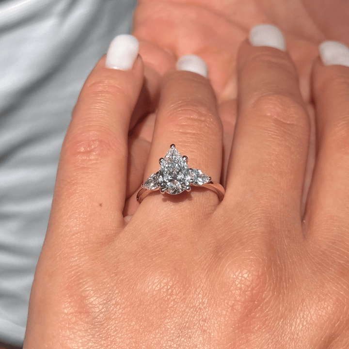 AGI Design Ready to Ship  Ready to Ship: 2.01ct. VS1/E Pear Shaped Lab Diamond Three Stones Engagement Ring