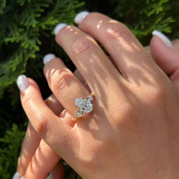 AGI Design Ready to Ship  Ready to Ship: 2.01ct. VS1/E Pear Shaped Lab Diamond Three Stones Engagement Ring