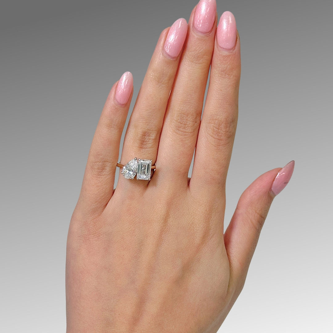 AGI Design Ready to Ship  Toi Et Moi 2.4ct E/VVS2 Emerald & 1.56ct E/VVS2 Pear Lab Created Diamond Ring