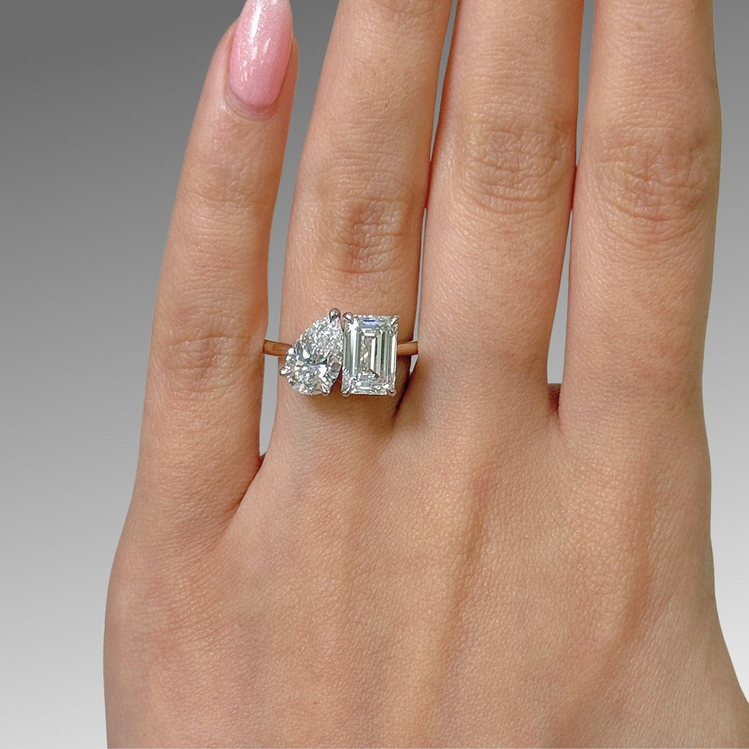 AGI Design Ready to Ship  Toi Et Moi 2.4ct E/VVS2 Emerald & 1.56ct E/VVS2 Pear Lab Created Diamond Ring
