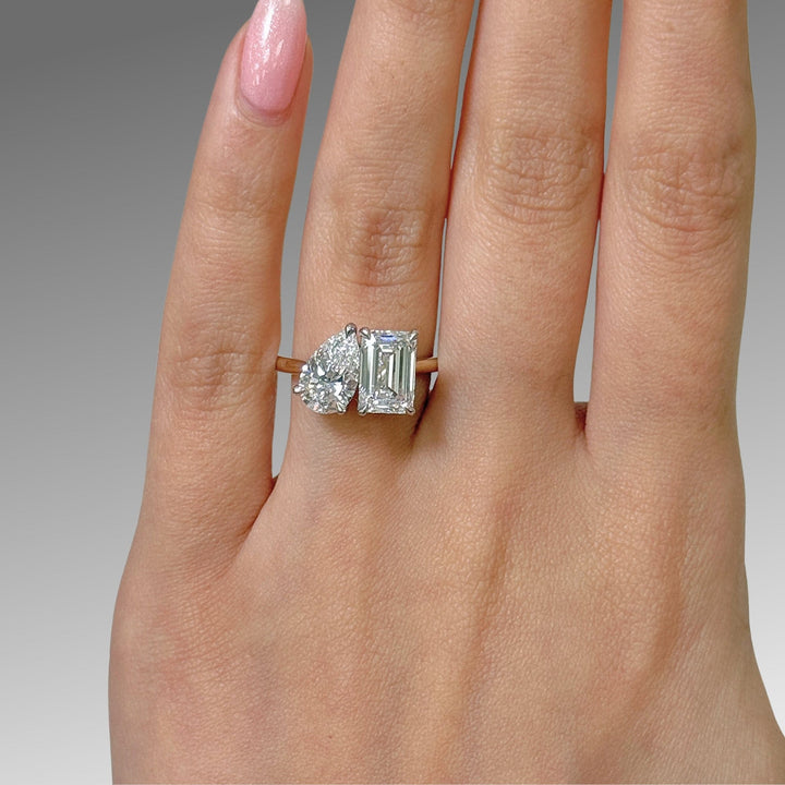 AGI Design Ready to Ship  Toi Et Moi 2.4ct E/VVS2 Emerald & 1.56ct E/VVS2 Pear Lab Created Diamond Ring