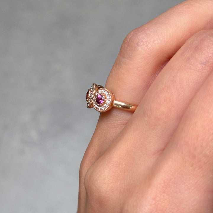 AGI Design Ready to Ship  Triple Halo Rhodolite Garnet Ring