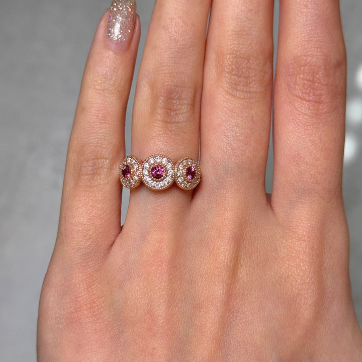 AGI Design Ready to Ship  Triple Halo Rhodolite Garnet Ring