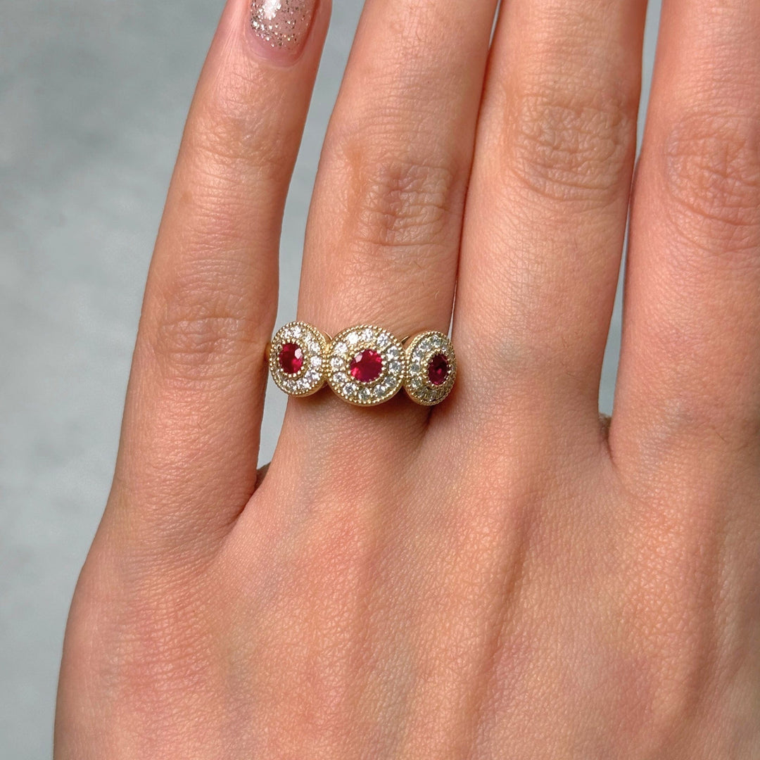 AGI Design Ready to Ship  Triple Halo Ruby Ring