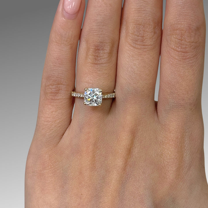 AGI Design Ready to Ship  Zoe 1.7ct Cushion Cut Moissanite Engagement Ring in 14K Yellow Gold