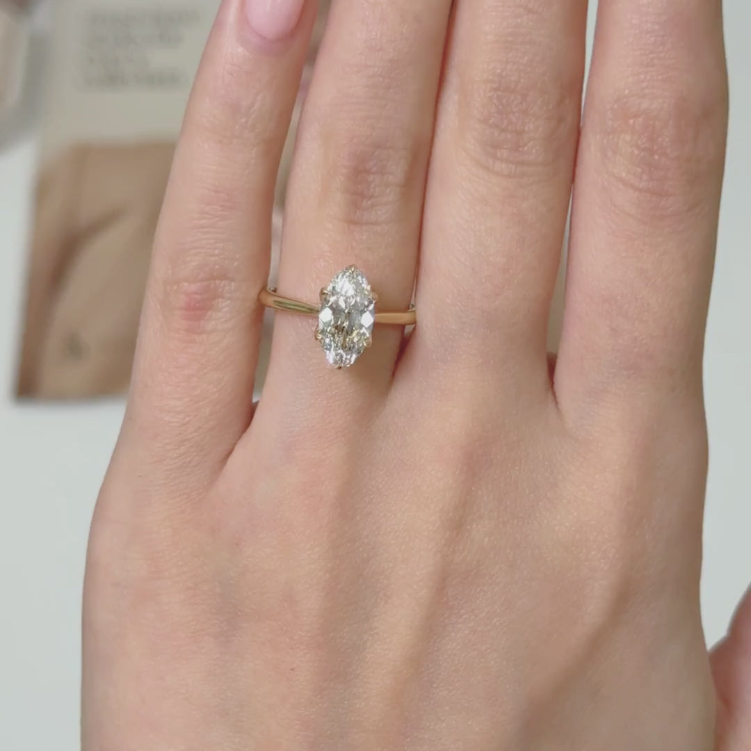 Ready to Ship  Dahlia 1.82ct D/VVS2 Elongated Oval(Moval) Old Mine Lab Diamond Tulip Engagement Ring in 18k Yellow Gold