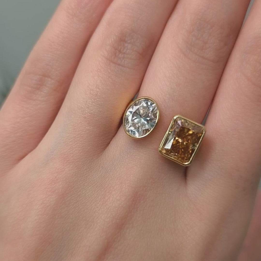 Ready to Ship  2ct Oval/2.7ct Radiant Champagne Moissanite Bezel Engagement Ring