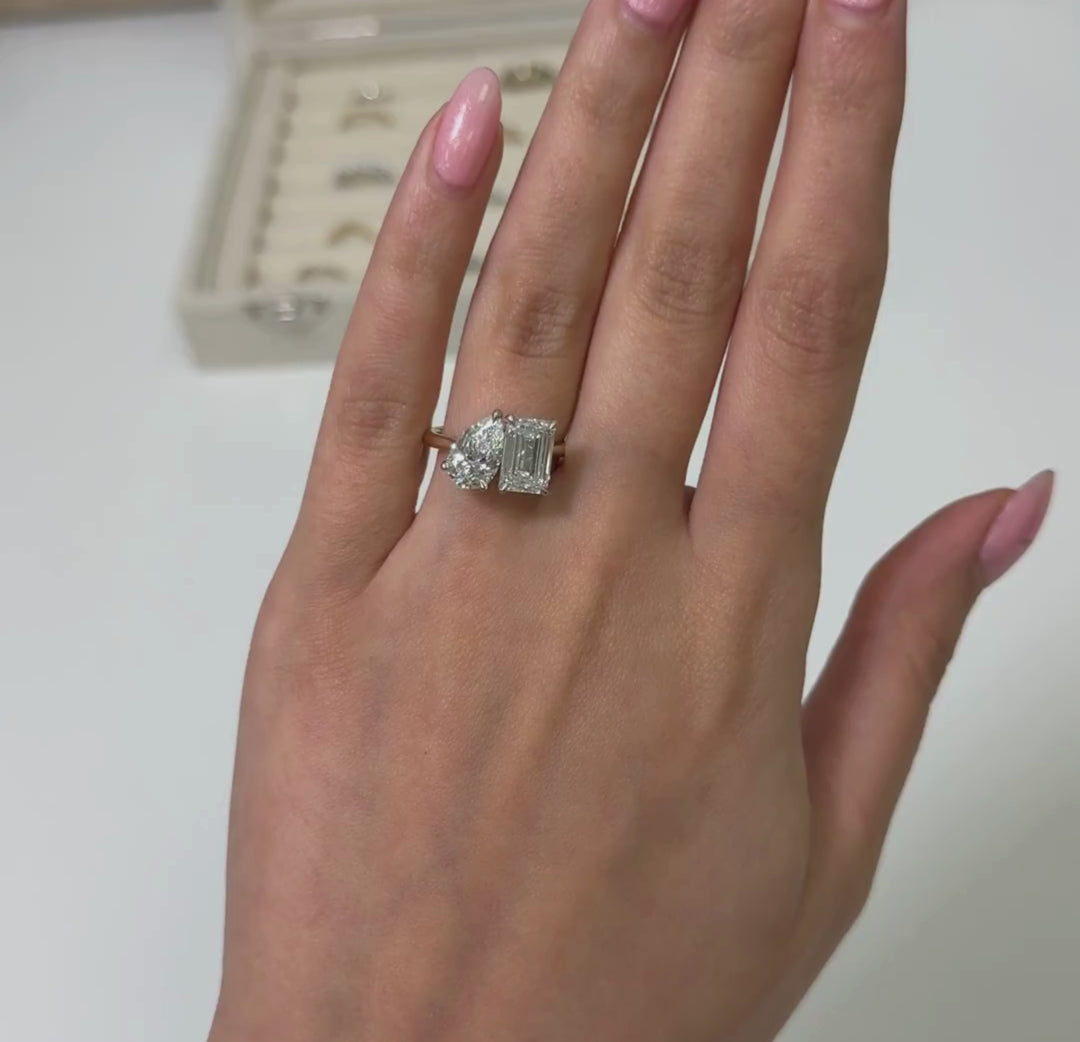 Ready to Ship  Toi Et Moi 2.4ct E/VVS2 Emerald & 1.56ct E/VVS2 Pear Lab Created Diamond Ring