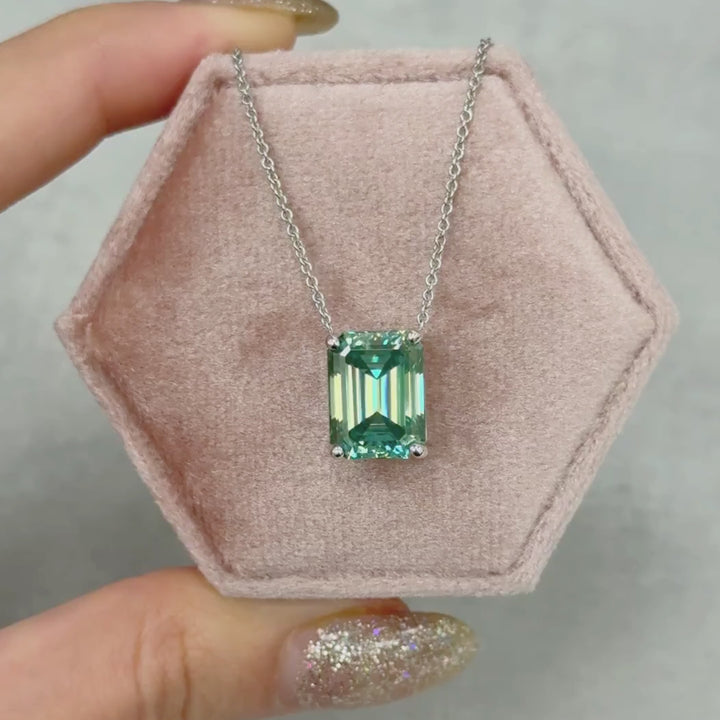 Ready to Ship  12x9mm Aqua-Teal Emerald Moissanite Pendant in 14k White Gold