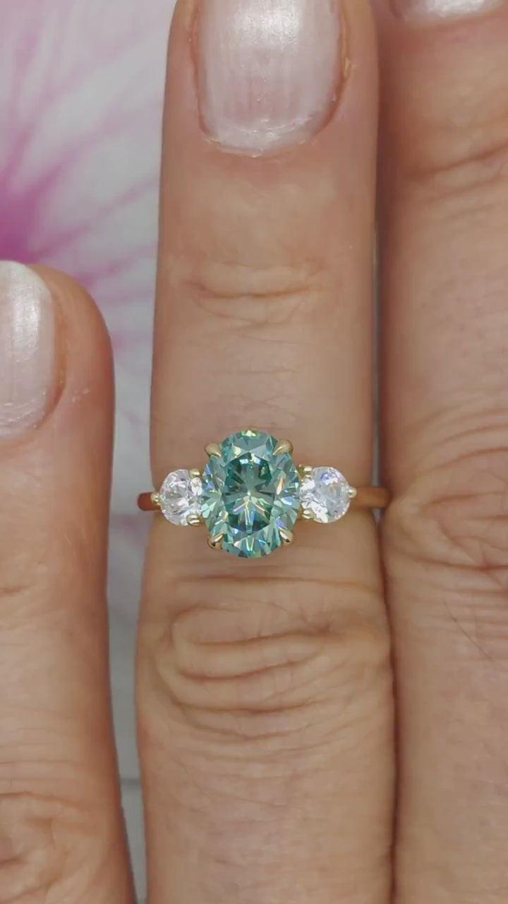 Lucy Oval Aqua Teal  Moissanite with Round Lab Diamonds Engagement Ring