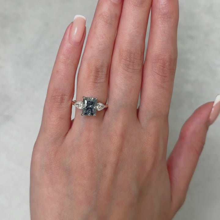 Ready to Ship  2.7ct Blue-Grey Radiant And Pear Shape Moissanite Engagement Ring in 14K Two Tone Gold