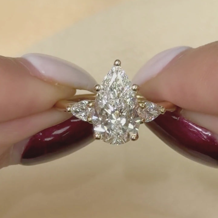 Ready to Ship  Linda 2.71ct Pear Shape Lab Diamond E/VVS2 Three Stone Engagement Ring in 14K Yellow Gold
