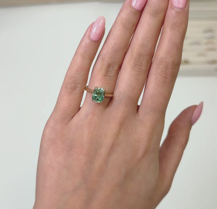 Ready to Ship  Megan 2.5ct Aqua Teal Cushion Cut Moissanite Engagement Ring in 14k Yellow Gold