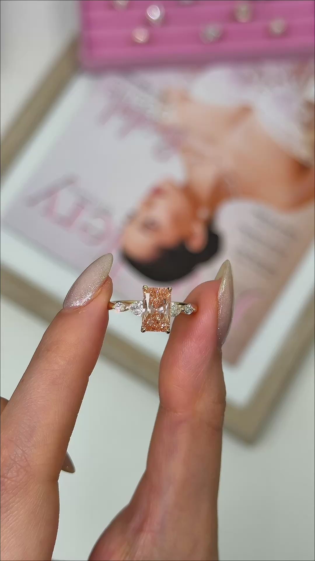 Ready to Ship 2ct Vivid Pink/Orange VS1 Radiant Cut Lab-Created Diamond Engagement Ring in 14k Yellow Gold