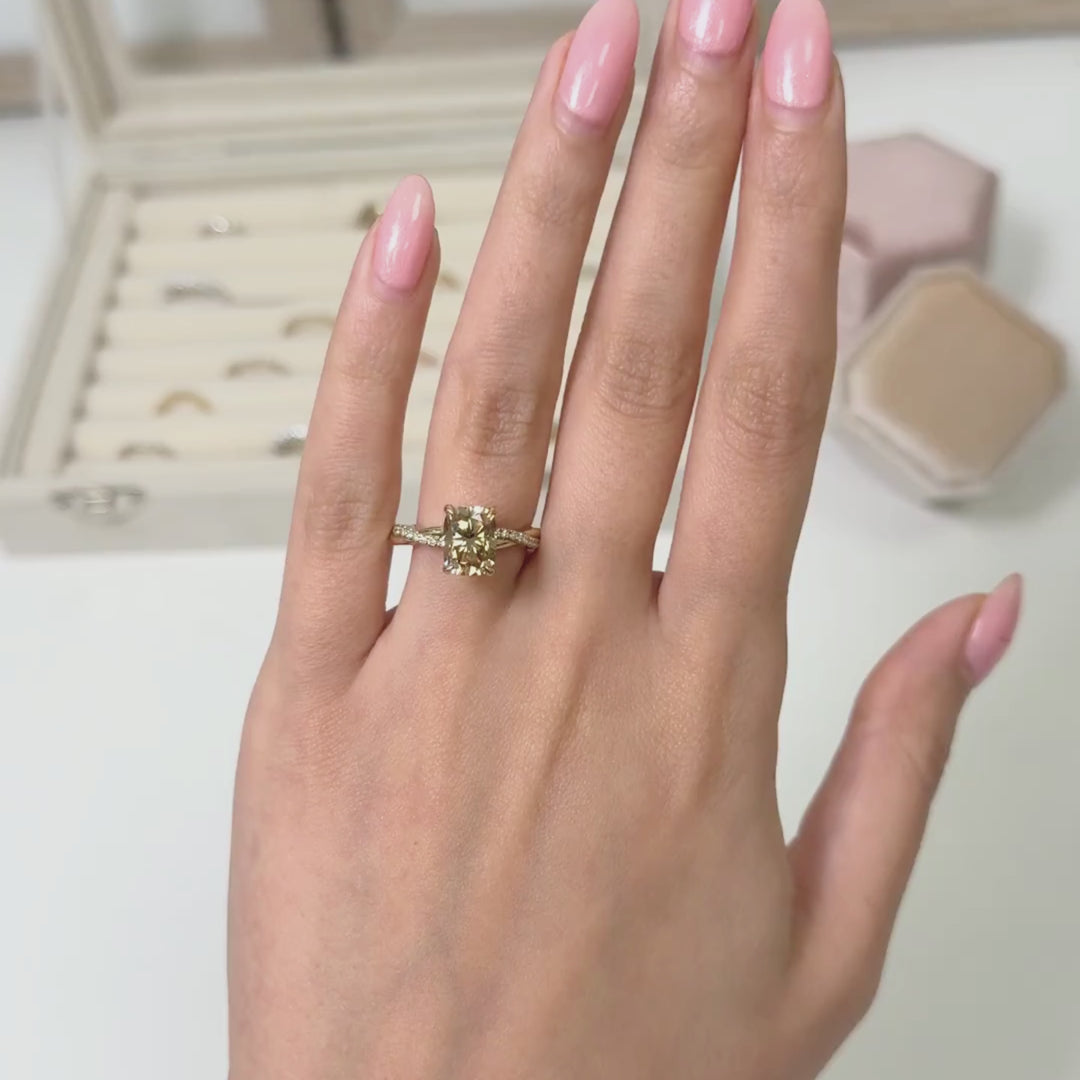 Ready to Ship  Claudia 2.5ct Champagne Cushion Cut Moissanite Engagement Ring in 14K Yellow Gold