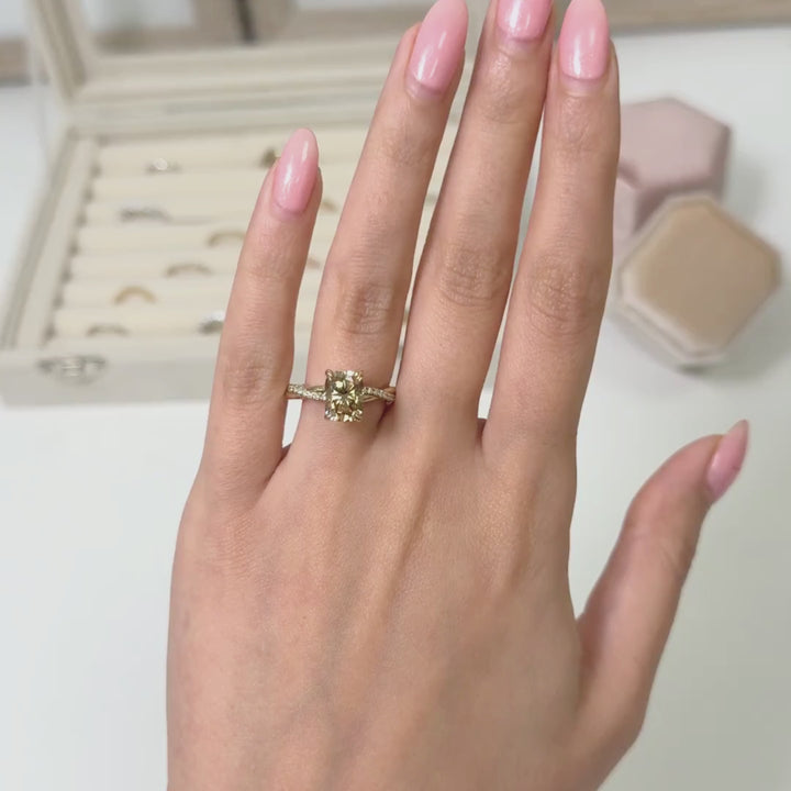 Ready to Ship  Claudia 2.5ct Champagne Cushion Cut Moissanite Engagement Ring in 14K Yellow Gold