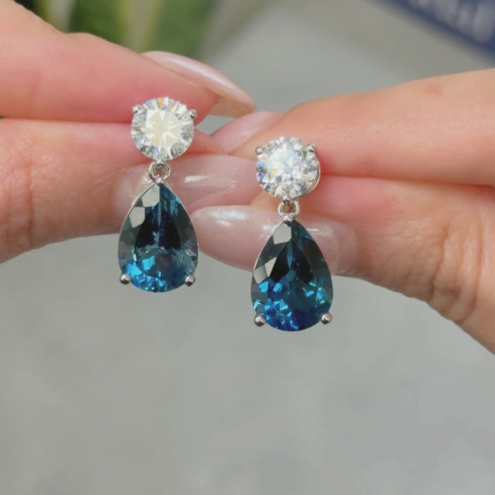 Ready to Ship  Dangling Moissanite and Blue Topaz Earrings