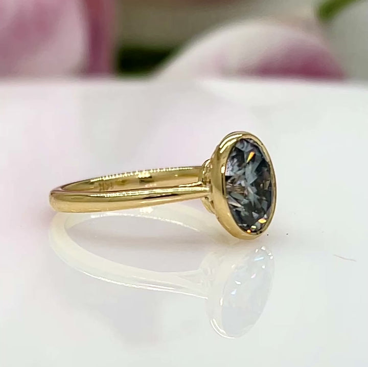 Ready to Ship  2ct. Grey Oval Moissanite Bezel Engagement Ring