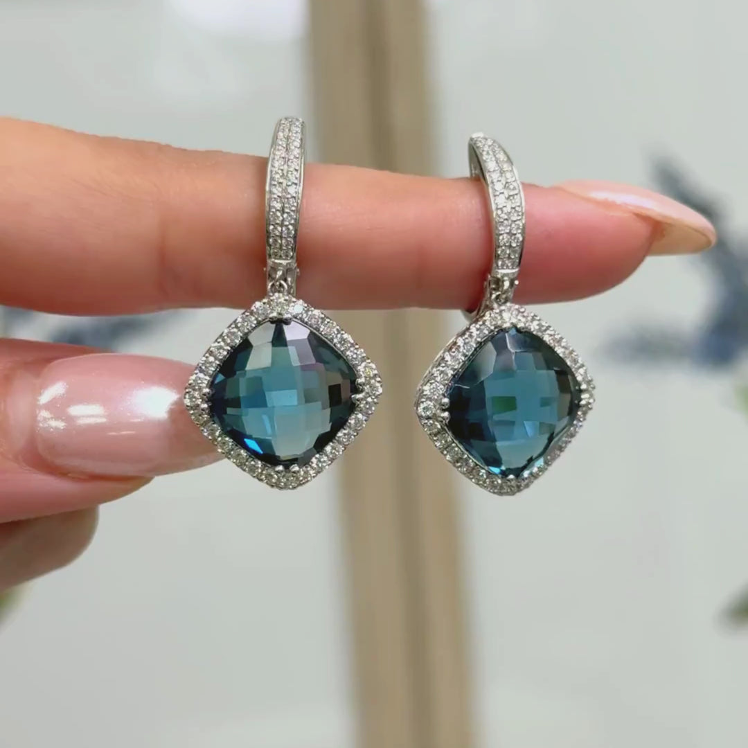 Ready to Ship  London Blue Topaz And Diamonds Earrings in 14K White Gold