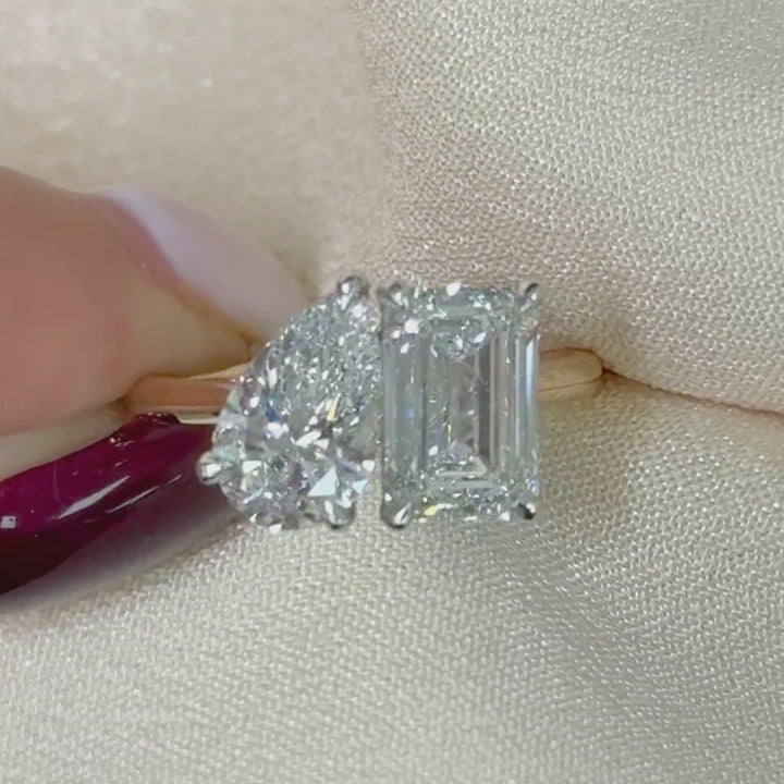 Ready to Ship  Toi Et Moi 2.4ct E/VVS2 Emerald & 1.56ct E/VVS2 Pear Lab Created Diamond Ring