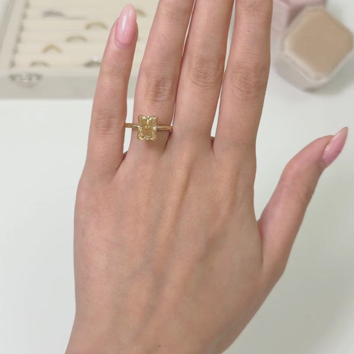 Ready to Ship  2.7ct Radiant Cut Champagne Moissanite Tulip Engagement Ring in 14K Yellow Gold