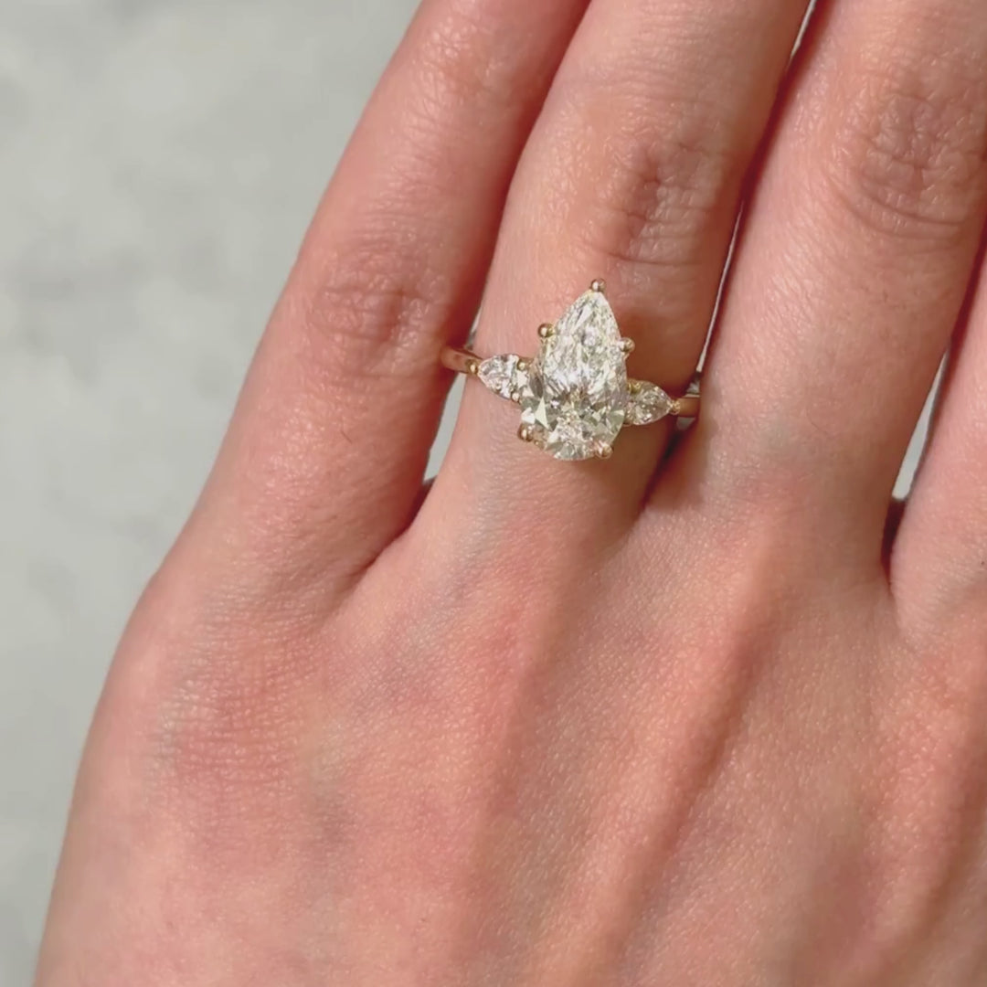 Ready to Ship  Linda 2.71ct Pear Shape Lab Diamond E/VVS2 Three Stone Engagement Ring in 14K Yellow Gold