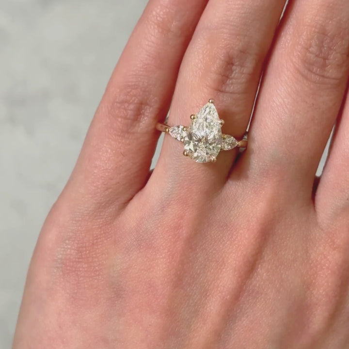 Ready to Ship  Linda 2.71ct Pear Shape Lab Diamond E/VVS2 Three Stone Engagement Ring in 14K Yellow Gold