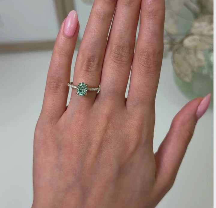 Ready to Ship  Nora 1.5ct Aqua Teal Oval Moissanite Engagement Ring in 14k Yellow Gold