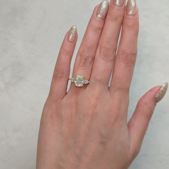 Ready to Ship  Leah 3ct. Cushion Cut Moissanite with Pear Shape Lab Diamonds Engagement Ring