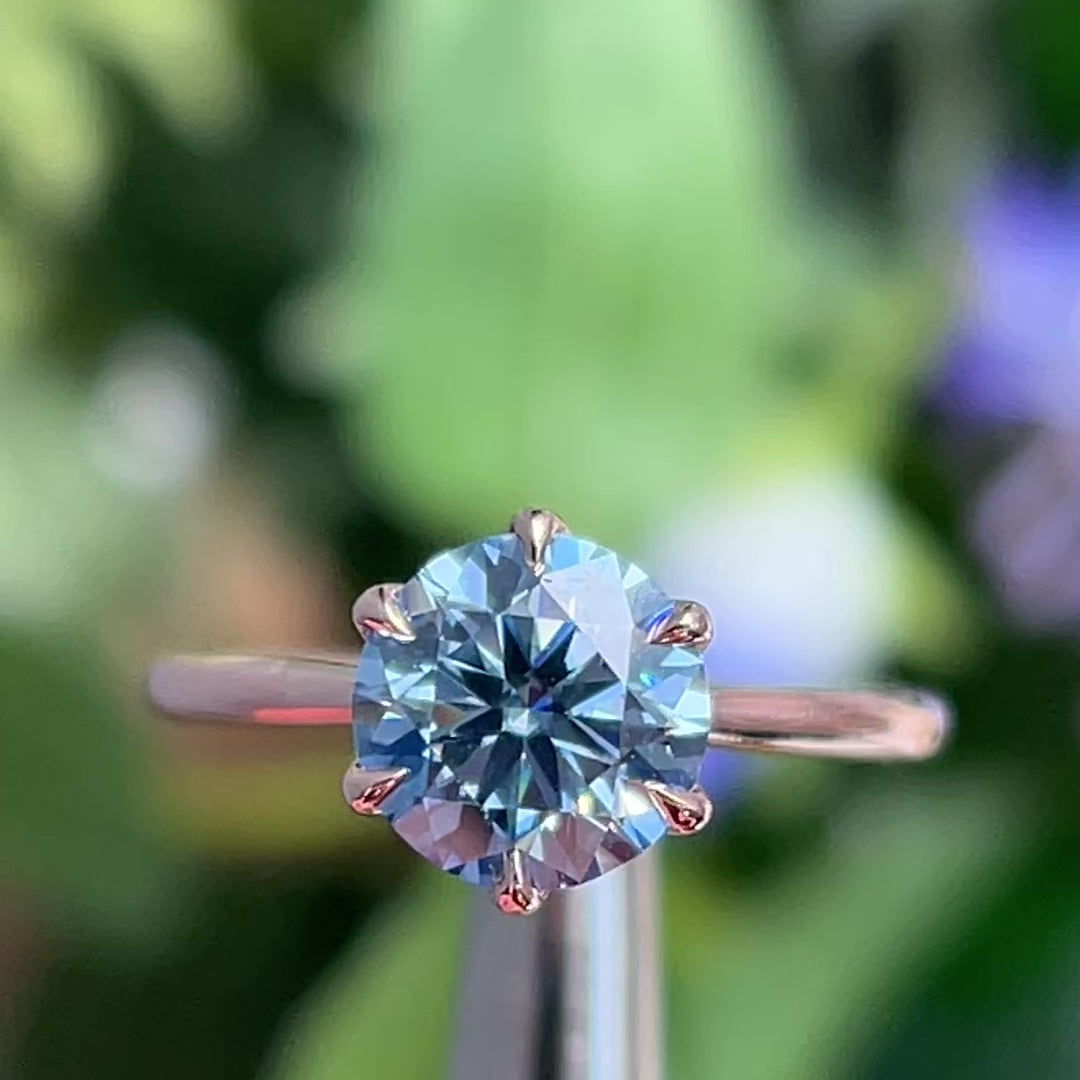 Ready to Ship Ruby 2ct Round Blue Moissanite Engagement Ring