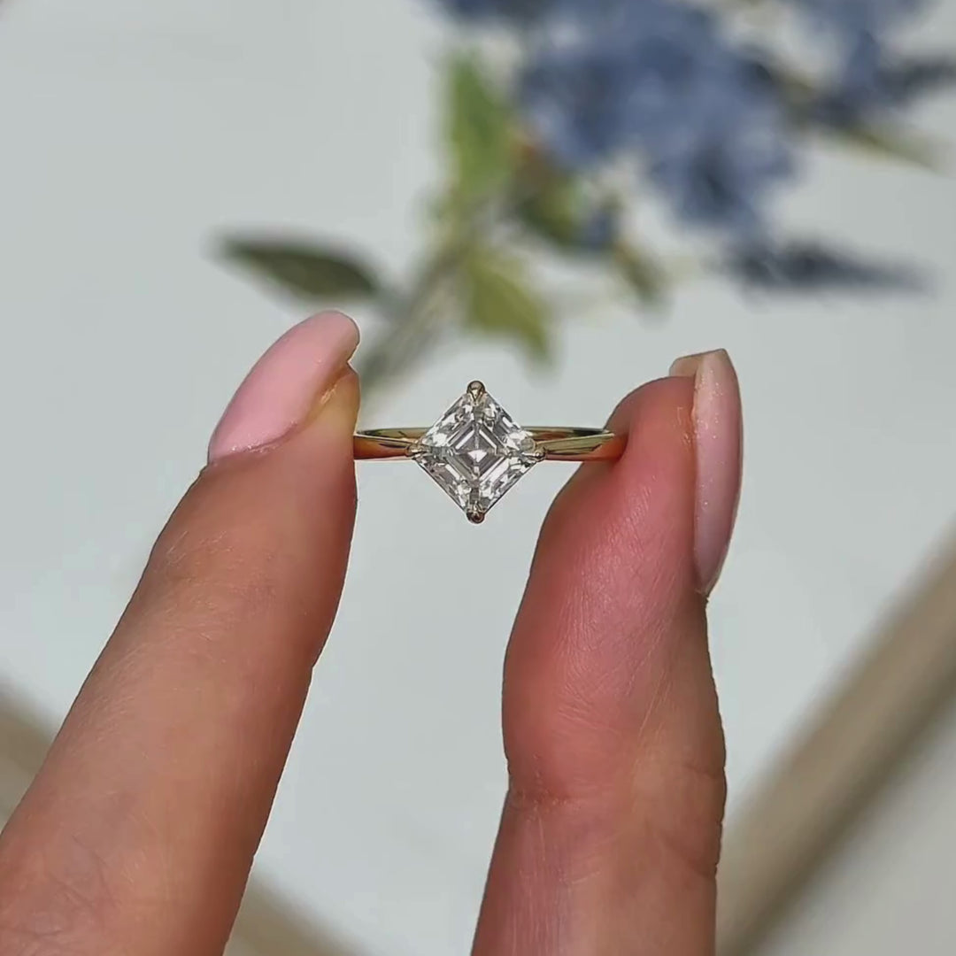 Ready to Ship  6.5mm Asscher Moissanite Engagement Ring in 14K Yellow Gold