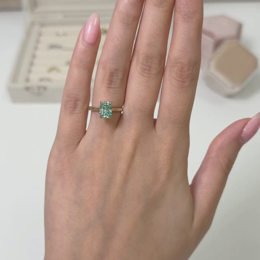Ready to Ship  Claire 1.5ct Aqua Teal Cushion Moissanite Engagement Ring in 14k Yellow Gold