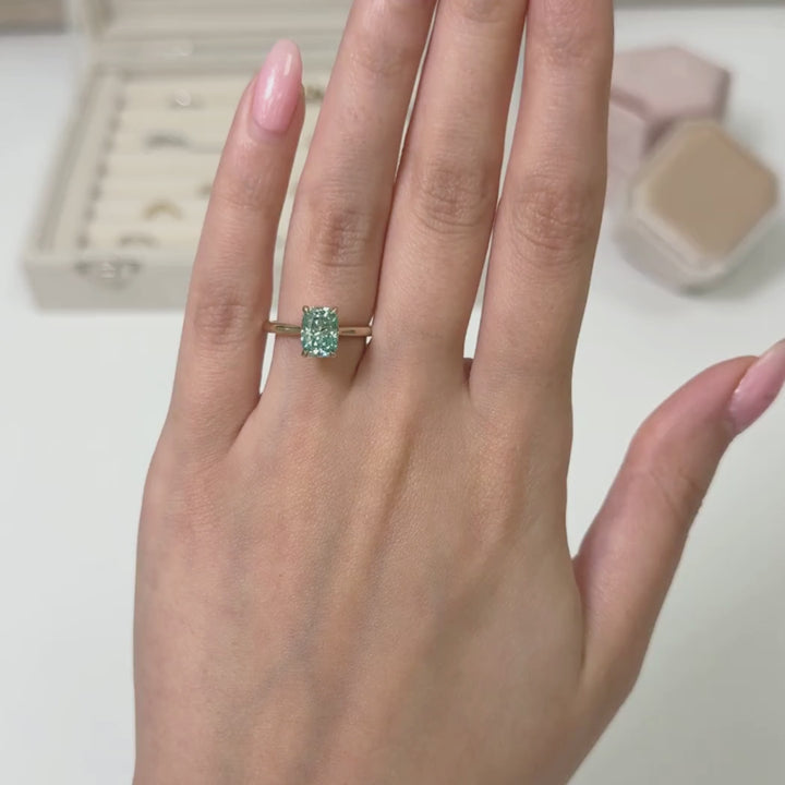 Ready to Ship  Claire 1.5ct Aqua Teal Cushion Moissanite Engagement Ring in 14k Yellow Gold
