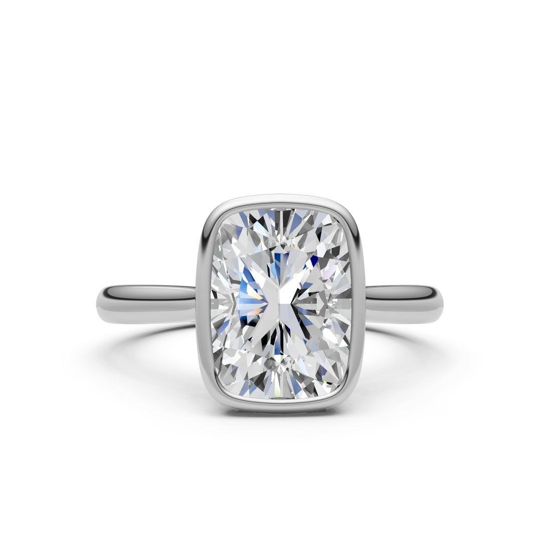 Ray Elongated Cushion Cut Lab Created Diamond Bezel Engagement Ring
