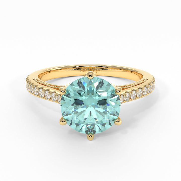 6.5mm-1ct Zoe Round Aqua-Teal Moissanite Engagement Ring - AGI Design