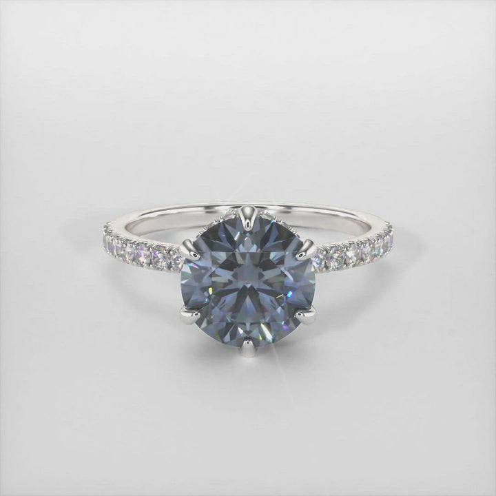 Jenny dark gray moissanite engagement ring/AGI Design/This incredible engagement ring in gold or platinum features a round gray Moissanite in a 6 prong setting surrounded by a hidden halo of round lab-created brilliant diamonds that make their way down the ring’s shank. This 1ct, 2ct solitaire  ring is designed to allow the wedding band to sit close and flush with the engagement ring. 