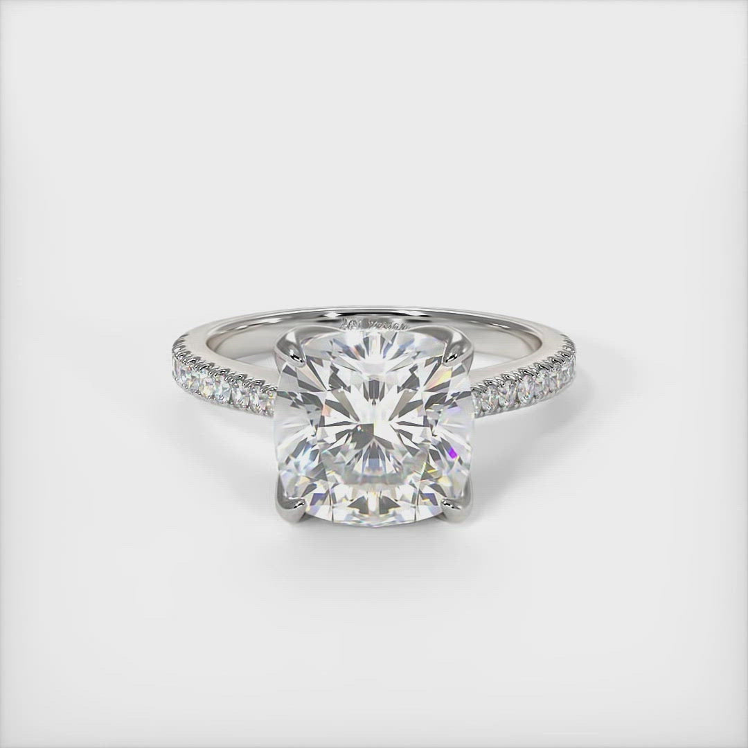 Elsa cushion cut moissanite tulip engagement ring/ AGI Design/  This gorgeous Cushion Colorless Moissanite and Lab-Created Diamonds Engagement Ring is sure to thrill her! This lovely sparkling ring  in gold or platinum features a Cushion Moissanite set into the elegant 4 prong tulip head.  This 1ct, 2ct 3ct ring is designed to sit flush with a straight band.