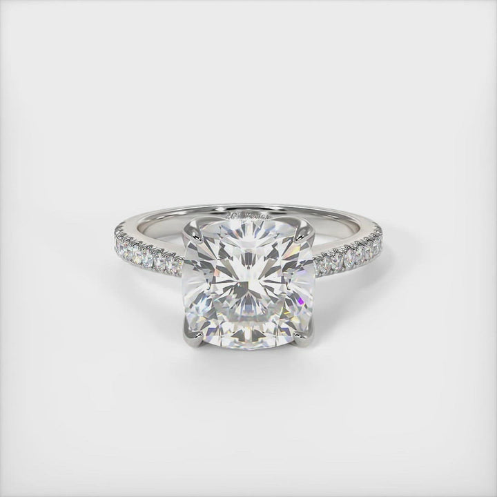 Elsa cushion cut moissanite tulip engagement ring/ AGI Design/  This gorgeous Cushion Colorless Moissanite and Lab-Created Diamonds Engagement Ring is sure to thrill her! This lovely sparkling ring  in gold or platinum features a Cushion Moissanite set into the elegant 4 prong tulip head.  This 1ct, 2ct 3ct ring is designed to sit flush with a straight band.