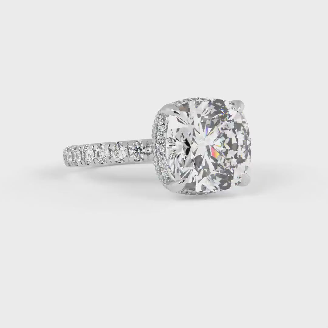 Diana cushion cut moissanite engagement ring/ AGI Design This beautiful Engagement Ring is made of solid 14K,18K gold , or Platinum and includes a Colorless Cushion Cut Moissanite and lab-created diamonds on the hidden halo and the band.  You can choose from various moissanite sizes including 3ct, 4ct, 5ct for this bridal solitaire ring.