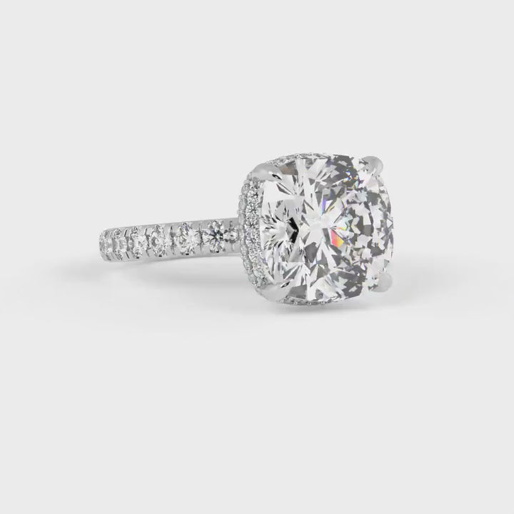 Diana cushion cut moissanite engagement ring/ AGI Design This beautiful Engagement Ring is made of solid 14K,18K gold , or Platinum and includes a Colorless Cushion Cut Moissanite and lab-created diamonds on the hidden halo and the band.  You can choose from various moissanite sizes including 3ct, 4ct, 5ct for this bridal solitaire ring.