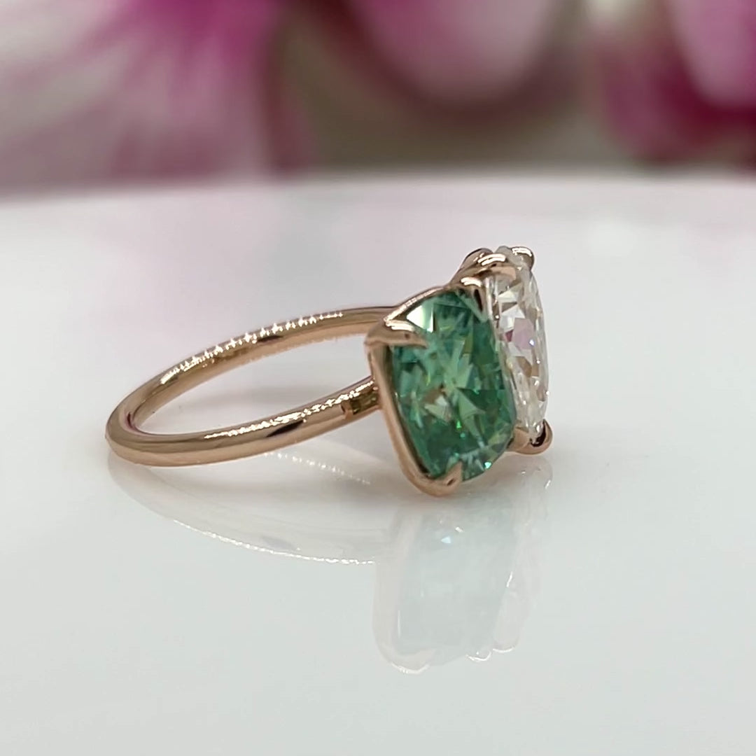 Ready to Ship  3.3ct Aqua-Teal Cushion And 2.2ct Pear Moissanites Engagement Ring/ Toi Et Moi Ring