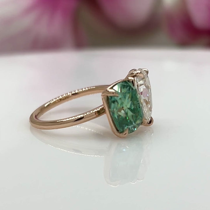 Ready to Ship  3.3ct Aqua-Teal Cushion And 2.2ct Pear Moissanites Engagement Ring/ Toi Et Moi Ring