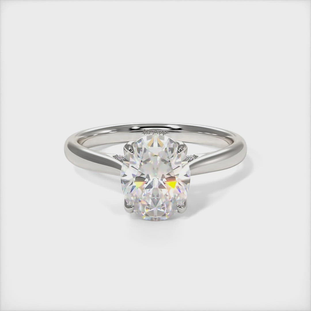 Nora Oval Moissanite Tulip Engagement Ring - AGI Design/This gorgeous Colorless oval Moissanite and Lab-Created Diamonds Engagement Ring is sure to thrill her! This lovely sparkling bridal ring in gold or platinum features a 1ct, 2ct oval Moissanite set into the elegant 4 prong tulip head. A shimmering diamond-lined shank completes the lovely look.