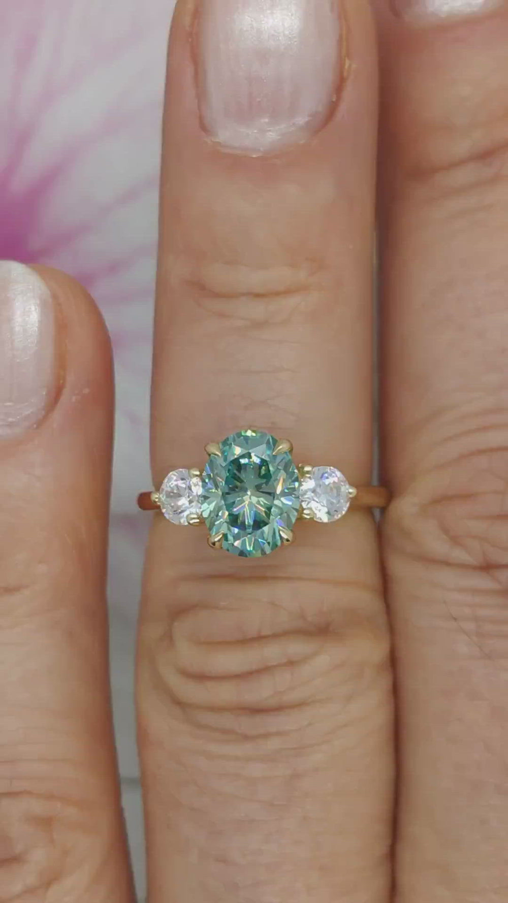 Ready to Ship: Oval Aqua-Teal And Colorless Round Moissanite Engagement Ring 