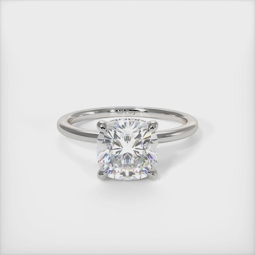 This beautiful Engagement Ring is made of solid 14K and 18K gold, or Platinum, and includes a Colorless Cushion Cut Moissanite and lab-created diamonds on the band and the hidden halo. With a collar under the stone and diamonds on the shank, this solitaire ring is just gorgeous! The 1ct, 2ct, 3ct moissanite are available./AGI Design