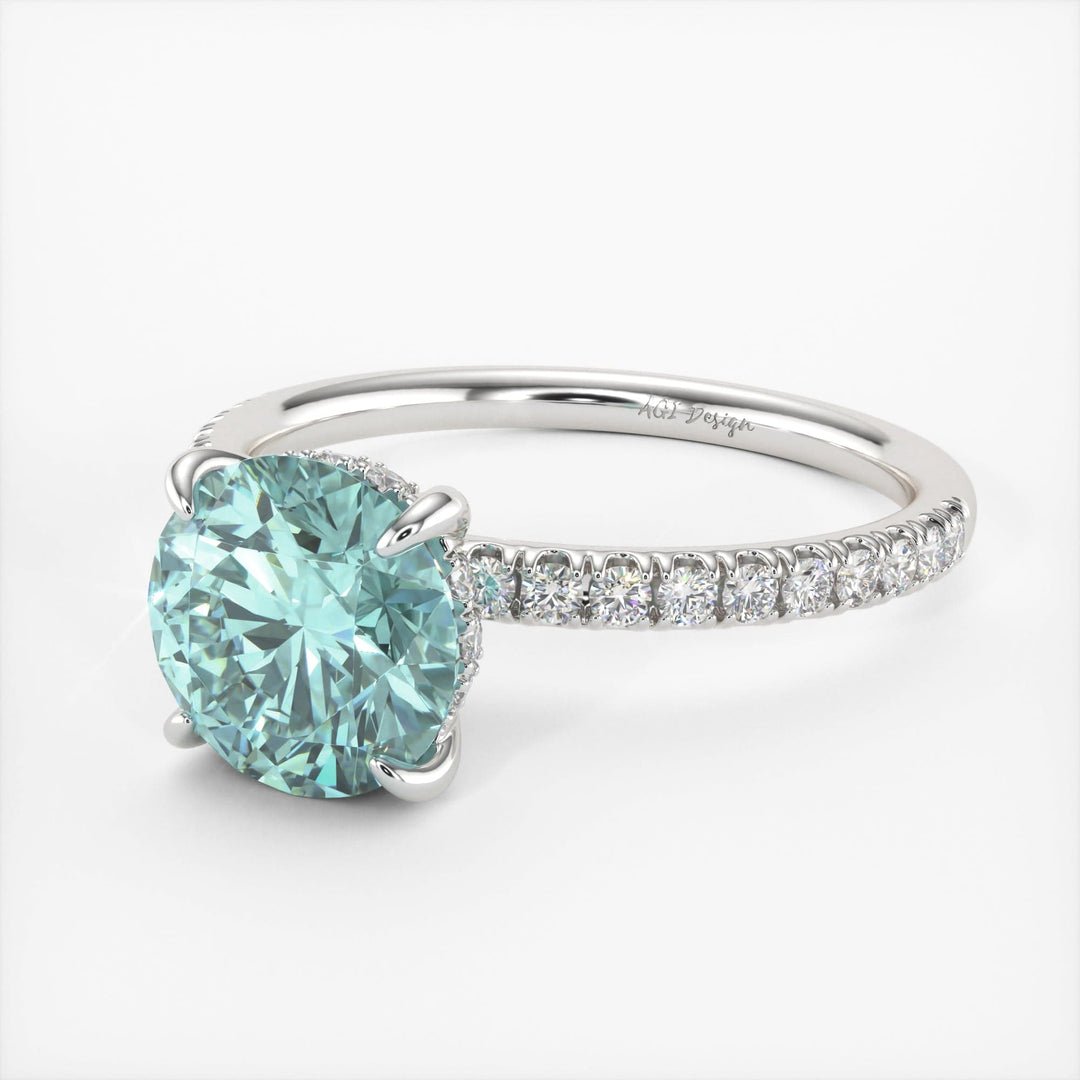 AGI Design Abby Round Aqua-Teal Moissanite Engagement Ring