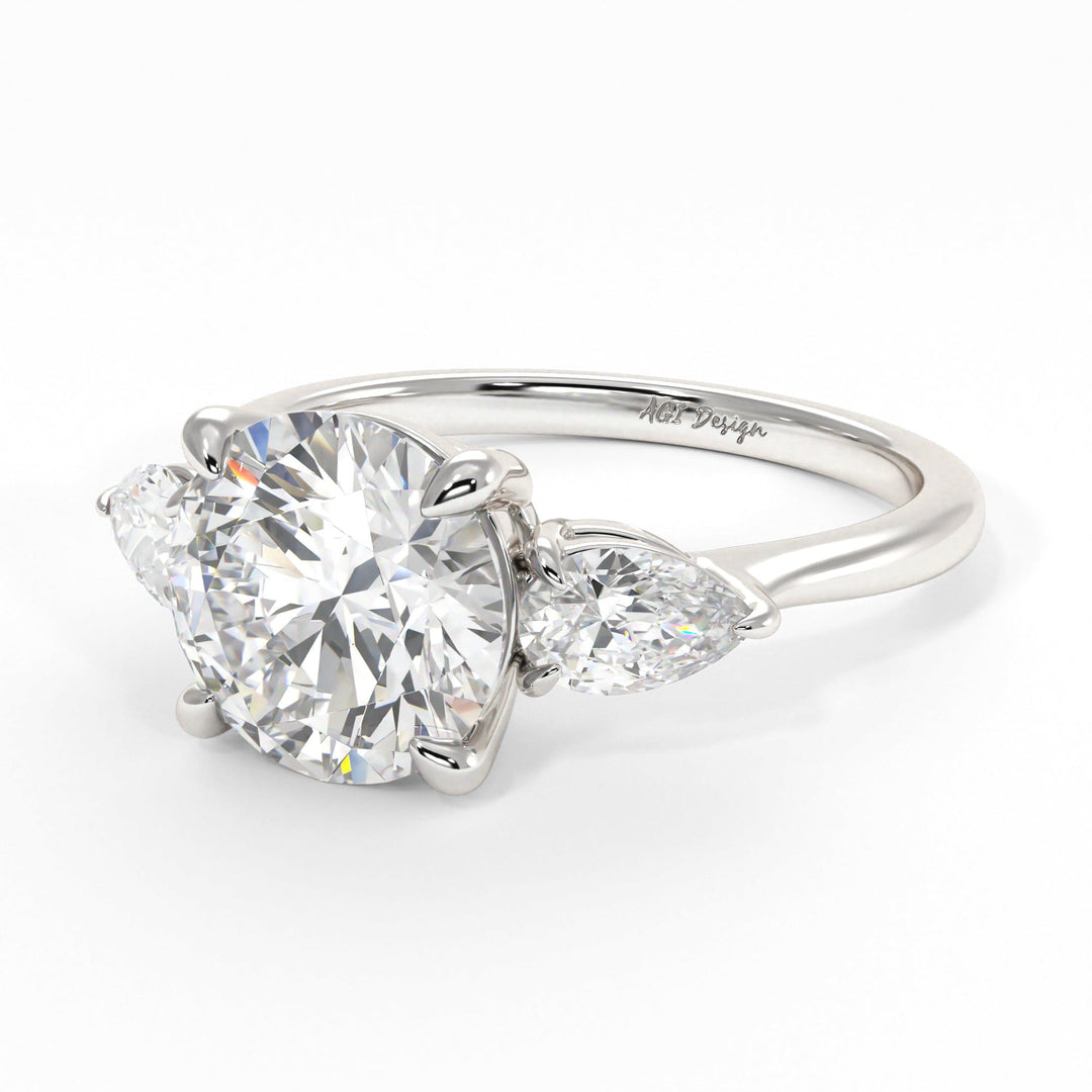 AGI Design Leah Round Moissanite with Pear Shape Lab Diamonds Engagement Ring